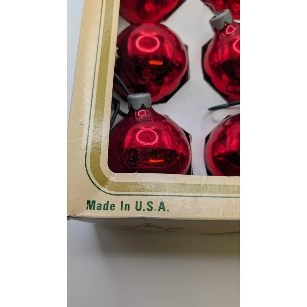 Vtg Box 15 Red Glass Pyramid Christmas‎ Tree Ornaments Boxed 2 Inch Retro USA